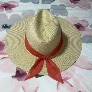NWT Vince Camuto Straw Bucket Summer Beachy Hat With Fabric Pink Tie